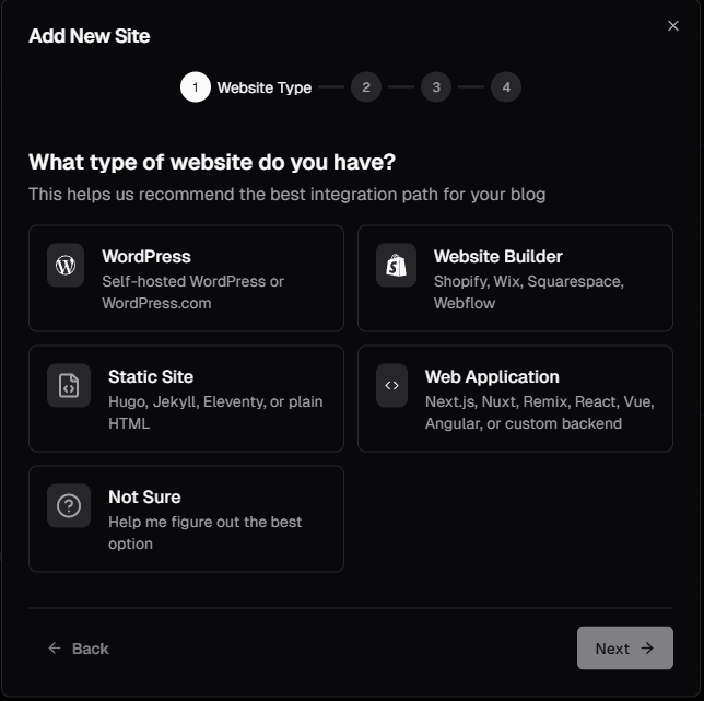 Add New Site wizard in the SEO Sniper dashboard