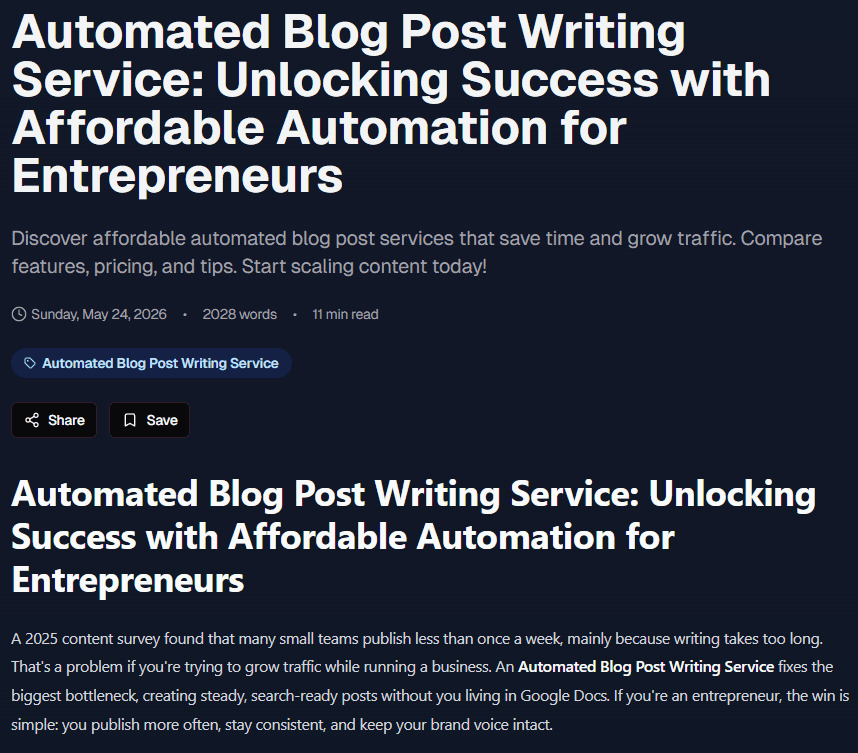 Example published blog post in the SEO Sniper dashboard