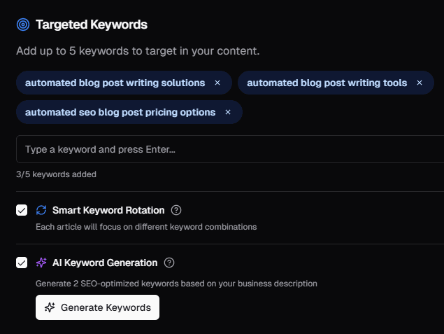 Targeted Keywords panel with AI Keyword Generation in the SEO Sniper dashboard